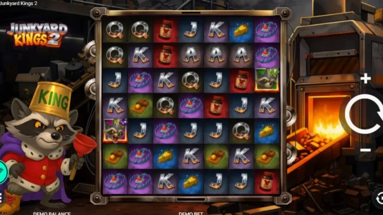 Tampilan visual slot Junkyard Kings 2 dengan tema rakun dan tempat pembuangan sampah